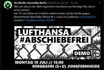 Berlin: Kundgebung am kommenden Montag fordert „Lufthansa abschiebefrei“