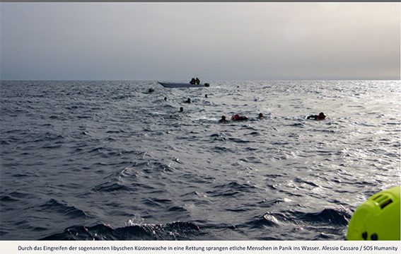 Libysches Patrouillenboot bedroht Rettungscrew und Menschen in Seenot
